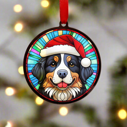 Bernese Mountain Dog in Santa Hat Suncatcher Decoration